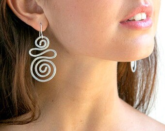 Valentines Gift, Silver earrings, Long Earrings, Dangle Earrings, Spiral Lightweight Earrings, Large Geometric Earrings, Non allergic.