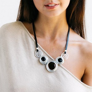 Black leather statement necklace, silver necklace, wrapped stone stylish necklace, wedding necklace, bridesmaid necklace, mother's gift. image 1