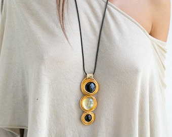 Long Pendant Necklace, Long Necklace, Statement Necklace, Stones Necklace, Leather Necklace, Gold Long Necklace.