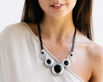 Black leather statement necklace, silver necklace, wrapped stone stylish necklace, wedding necklace, bridesmaid necklace, mother's gift.