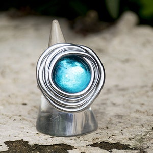 Silver Ring For Women, Turquoise Stone Solitaire, Round Statement Ring, Wrapped Stone Ring, Charm Ring, Big Round Ring, Adjustable Ring. image 1