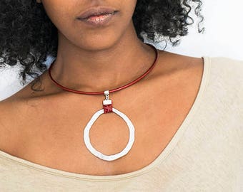 Leather Pendant Necklace, Red Choker, Hammered Silver Necklace, Statement Necklace, Stylish Necklace, Charm Necklace, Big Pendant Necklace.