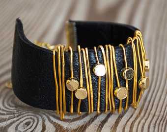 Wrap Leather Bracelet For Women, Beaded Bracelet, Gold Statement Bracelet, Black Leather Bracelet, Band Bracelet, Gold And Black Bracelet