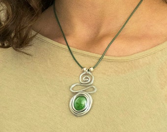 Gift For Her, Green Pendant Necklace, Wrap Silver Pendant, Silver Necklace For Women, Leather Necklace, Charm Necklace.