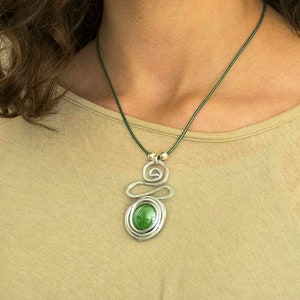 Gift For Her, Green Pendant Necklace, Wrap Silver Pendant, Silver Necklace For Women, Leather Necklace, Charm Necklace. image 1