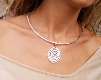 Cuff Silver Necklace, Statement Necklace, Spiral Pendant Necklace, Adjustable Necklace, Open Necklace, Tribal Necklace, Ethnic Necklace.