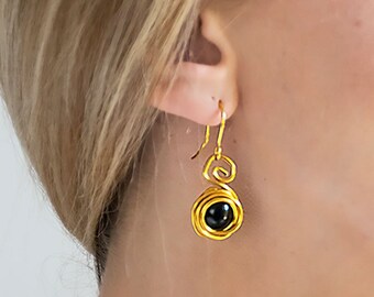 Summer Sale, Statement Gold Earrings, Black Beads Dangle Earrings, Spiral Shape, Charm Lightweight Earrings.
