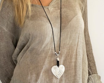 Silver Heart Pendant Necklace, Long Statement Necklace, Large Leather Necklace With Heart Pendant, Ethnic Style, Valentine's day Gift.