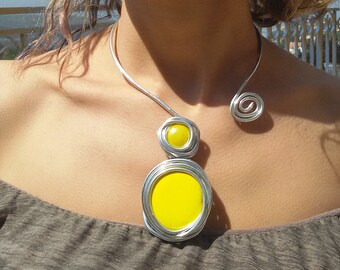 Cuff Silver Necklace, Statement Necklace, Yellow Necklace, Wrap Wire Necklace, Open Necklace, Adjustable Necklace, Bridesmaid Necklace.