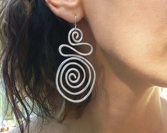 Women's Gift, Gift For Her, Big Silver Earrings, Spiral Shape Earrings, Wrapped Earrings, Long Lightweight Earrings, Bohemian Earrings.