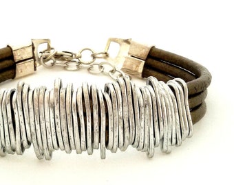 Bronze leather bracelet, Wrapped Bracelet, Rustic Leather Bracelet, Hammered Silver Wire, Women Statement Bracelet, Silver Charm Bracelet.