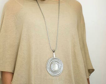 Spiral Long Necklace, Leather Necklace, Statement Necklace, Silver Necklace, Spiral Shape Necklace, Large Necklace.