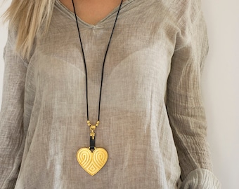 Gold Heart Pendant Necklace, Long Statement Necklace, Large Leather Necklace For Women, Heart Pendant, Charm Necklace, Ethnic Style.