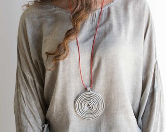 Silver Big Pendant Leather Necklace For Women Hammered Big Pendant Long Statement Necklace Wrap Pendant Necklace Charm necklace.