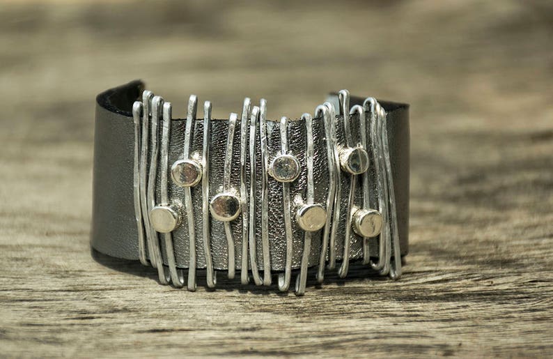 Women gift, Silver And Gold Leather Women Bracelet With Beads, Statement Leather Bracelet, Beaded Bracelet, Leather Band Bracelet image 9