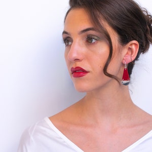 Red and silver dangle earrings, Silver Earrings, Minimalist lightweight earrings, Drop Statement earrings, Geometric design earrings. image 3