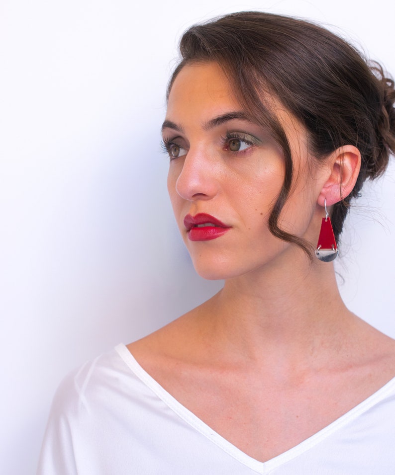 Red and silver dangle earrings, Silver Earrings, Minimalist lightweight earrings, Drop Statement earrings, Geometric design earrings. image 3