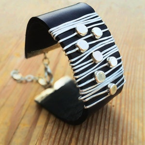 Wrapped women bracelet, Statement bracelet, Black leather bracelet, Silver beads bracelet, Leather band bracelet. image 2