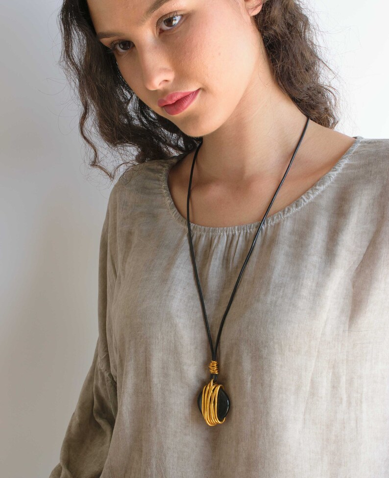 Long black necklace statement necklace leather necklace Etsy