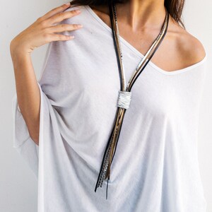 Statement necklace, Leather necklace, Long necklace, Wrapped necklace, Stylish necklace, Silver necklace, Elegant necklace, Large necklace. image 9