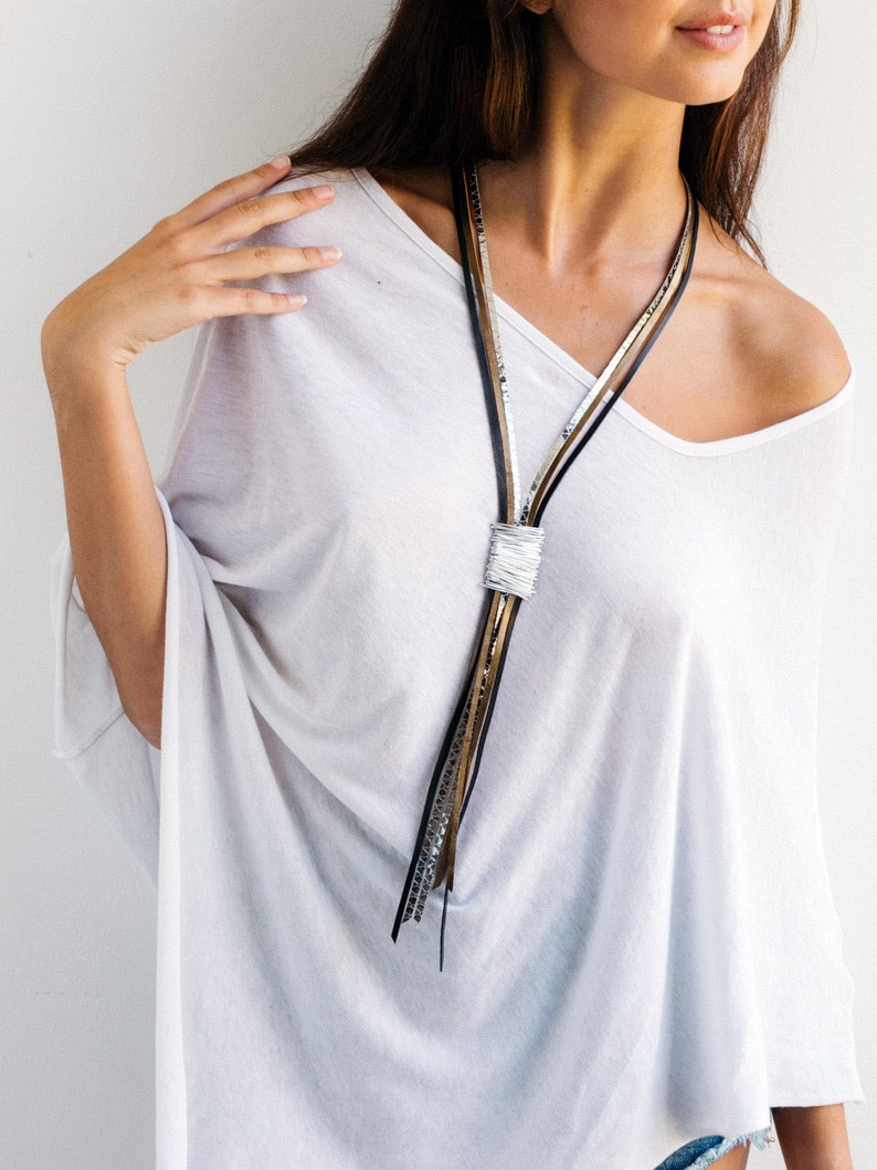 Statement necklace, Leather necklace, Long necklace, Wrapped necklace, Stylish necklace, Silver necklace, Elegant necklace, Large necklace. image 9