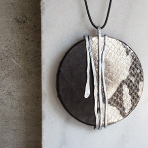 Ideal Women Gift, Long Statement Pendant Necklace, Big Round Leather Pendant, Wrapped Silver Pendant Necklace, Big Pendant Necklace. image 3