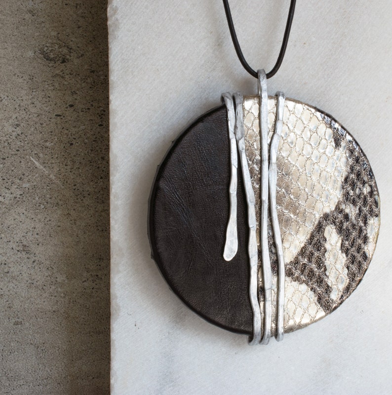 Ideal Women Gift, Long Statement Pendant Necklace, Big Round Leather Pendant, Wrapped Silver Pendant Necklace, Big Pendant Necklace. image 3