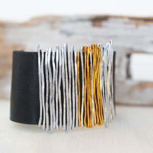 Black Leather Bracelet, Silver and Gold Bangle, Wrap Bracelet, Leather Bangle, Statement Bracelet, Silver Wrap Bracelet, Charm Cuff Bracelet image 5