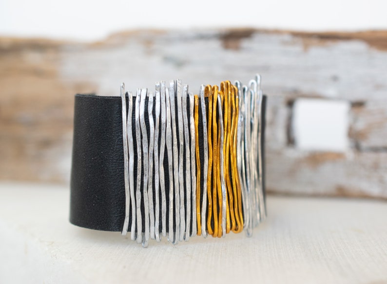 Black Leather Bracelet, Silver and Gold Bangle, Wrap Bracelet, Leather Bangle, Statement Bracelet, Silver Wrap Bracelet, Charm Cuff Bracelet image 5