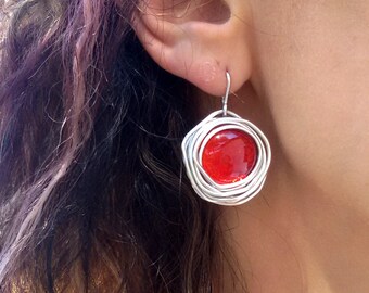 Red Dangle Earrings, Round Earrings, Wrapped Earrings, Crystal Earrings, Red Earrings, Short Earrings, Lightweight Earrings, Charm Earrings.