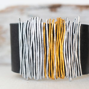 Black Leather Bracelet, Silver and Gold Bangle, Wrap Bracelet, Leather Bangle, Statement Bracelet, Silver Wrap Bracelet, Charm Cuff Bracelet image 2