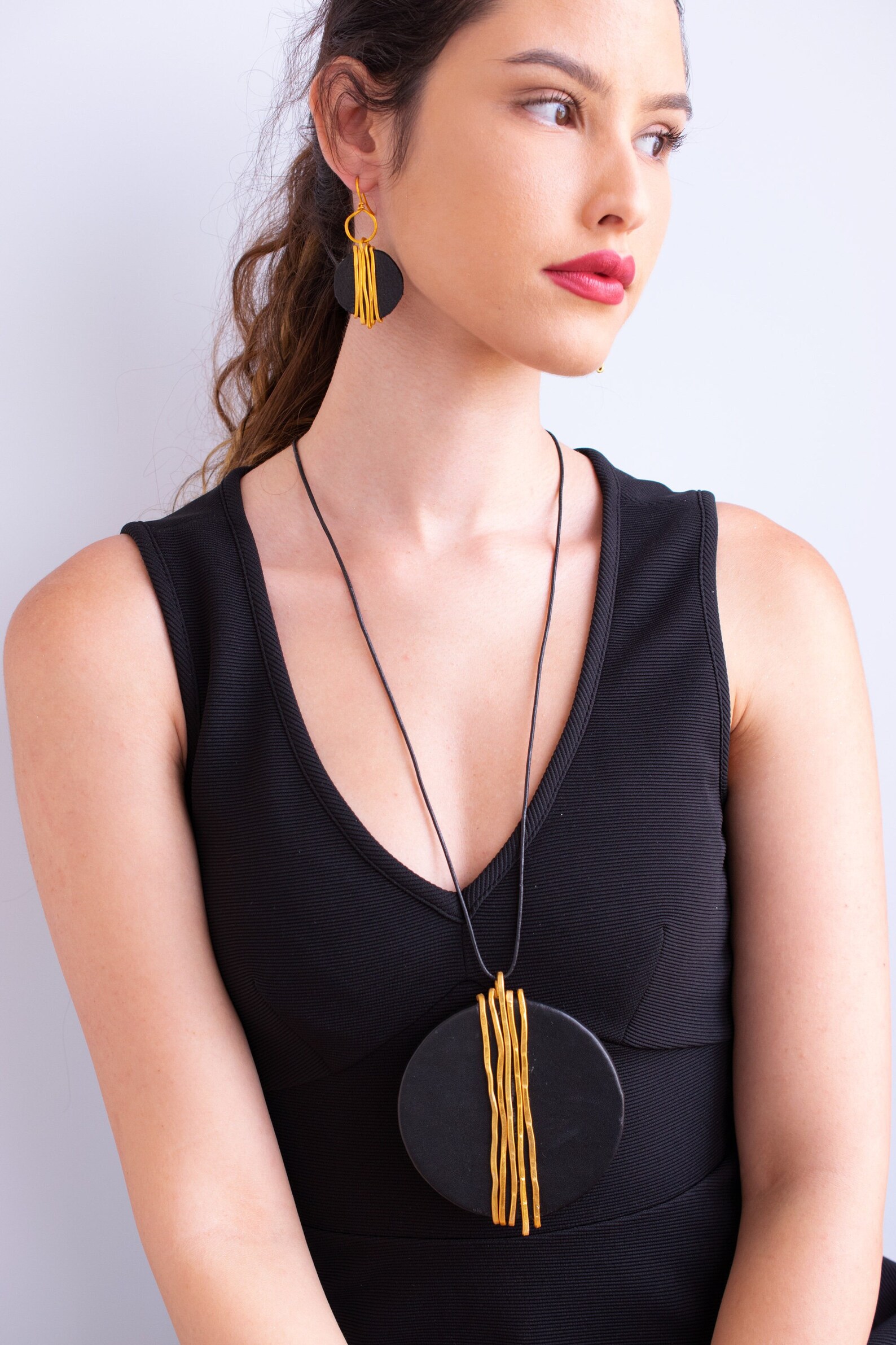 Long Necklace With Gold Pendant Big Round Leather Pendant Etsy