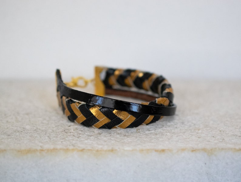 Black and gold leather bracelet, Braided Leather Bracelet, Women Statement Bracelet, Gold leather bracelet, Christmas gift. image 5