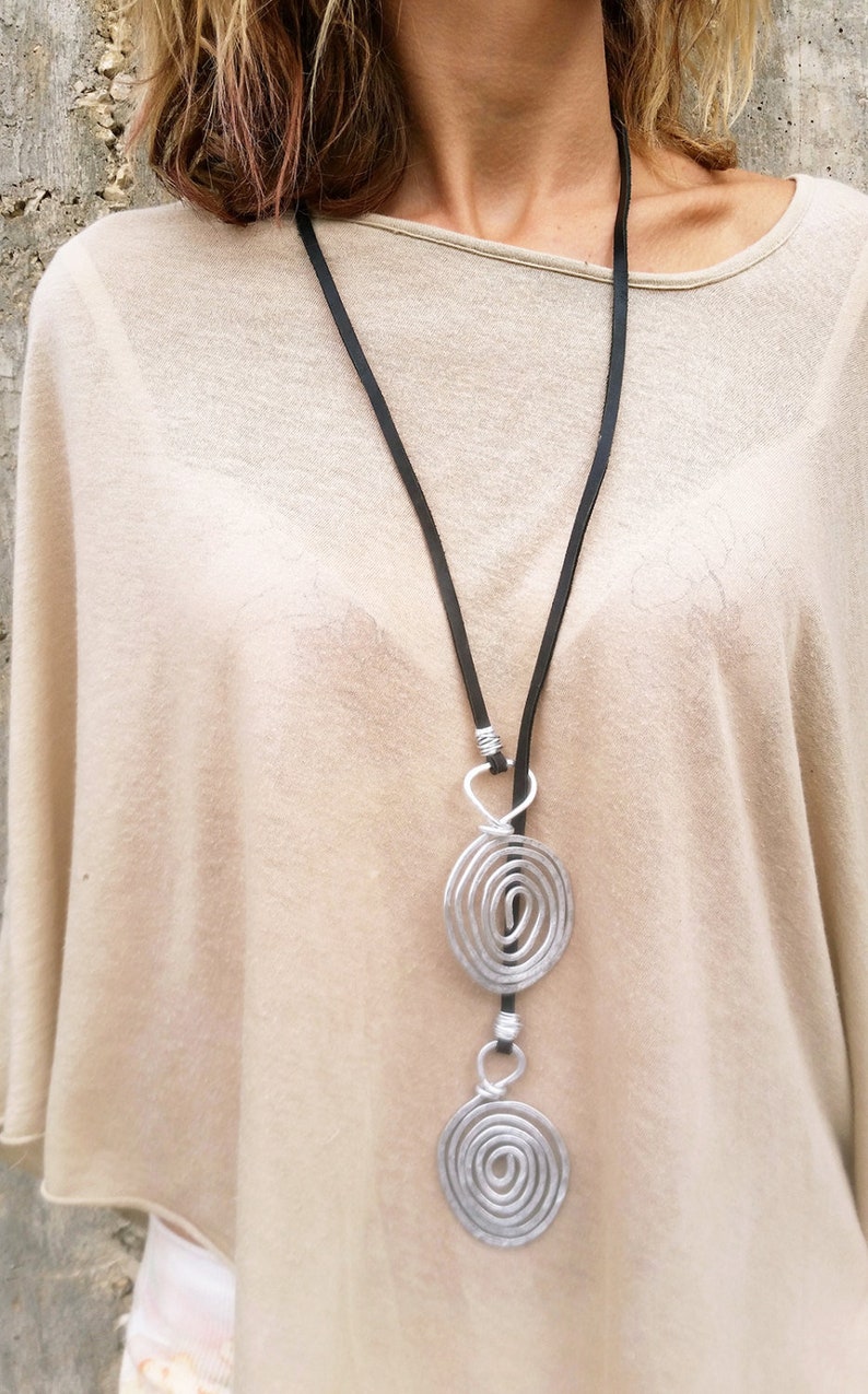 Long Lariat Necklace, Statement Large Necklace, Hammered Spiral Pendants, Silver Lariat Necklace, Silver Spiral Necklace, Eco Leather Lace image 1