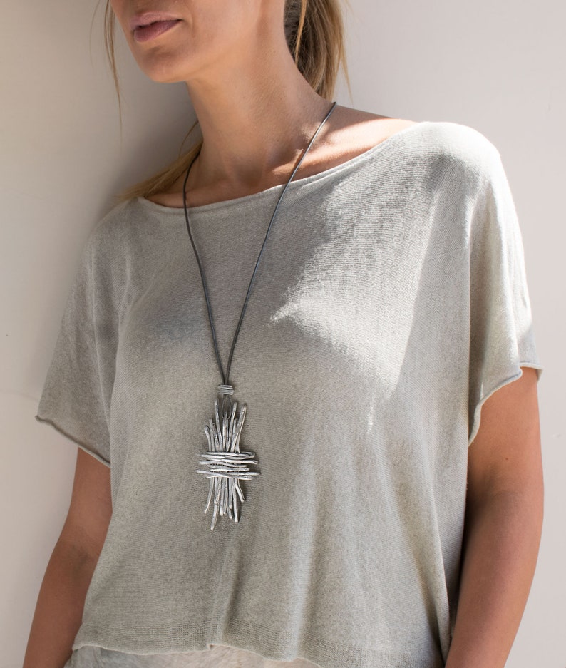 Silver Big Pendant Leather Necklace For Women Hammered Big Pendant Long Statement Necklace Wrap Pendant Necklace Charm necklace.