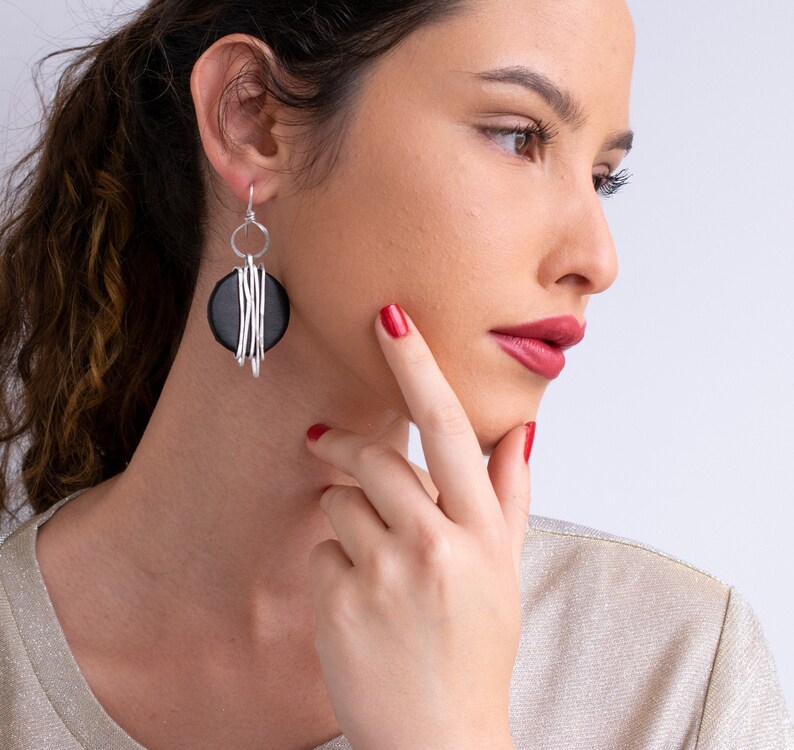 Black Leather Gold Wrapped Earrings Round Dangle Earrings Etsy