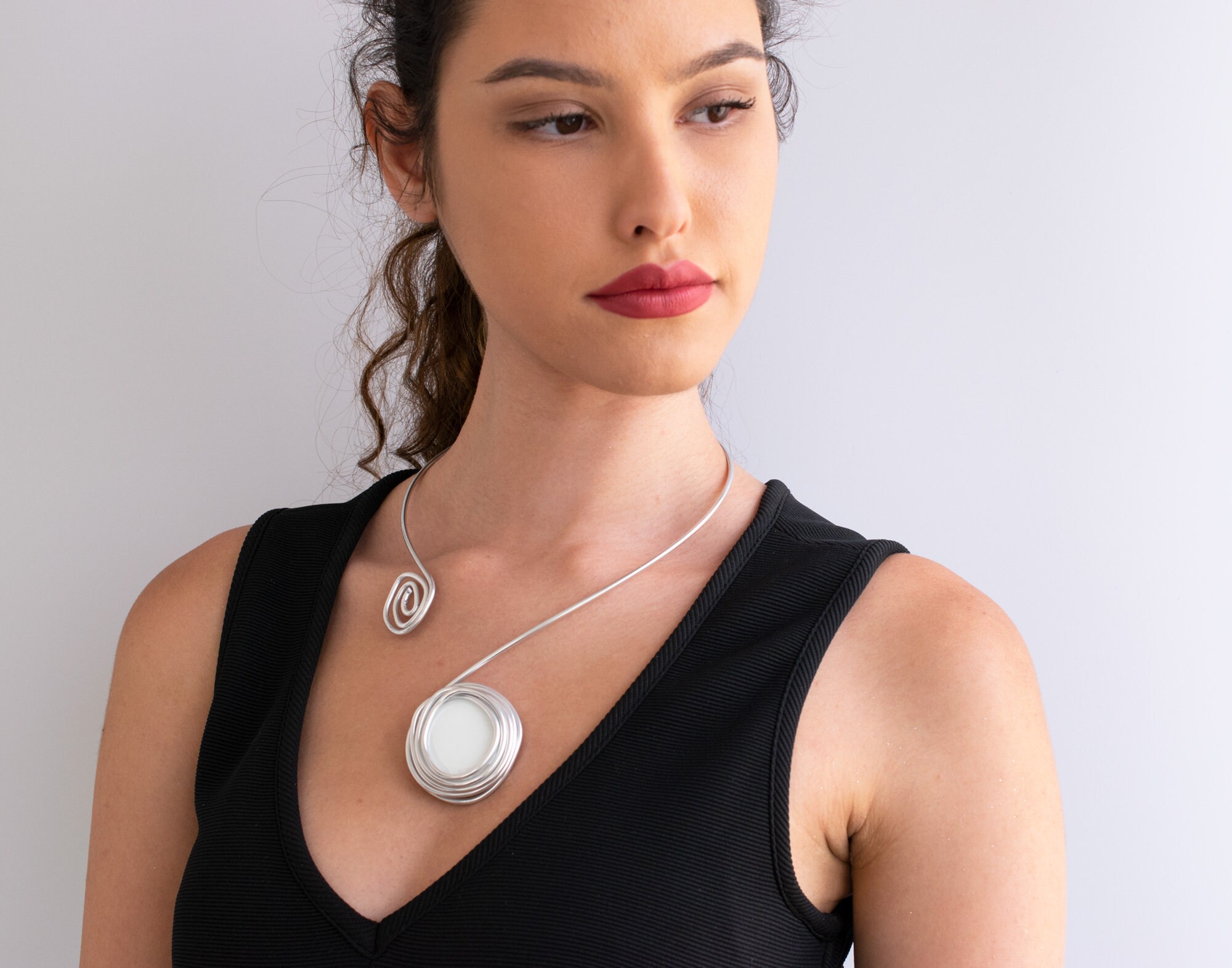 Pearl Stone Wedding Necklace Silver Minimalist Open Necklace Etsy