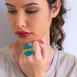 Statement Gold Ring WithTurquoise Leather, Oval Minimalist Ring, Adjustable Ring, Wrapped Wire Ring, Women Big Ring, Geometric Shape Ring. image 4