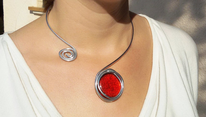 Silver statement necklace for women, Wrapped necklace, Red necklace, Adjustable necklace, Wedding and Bridesmaid necklace image 2