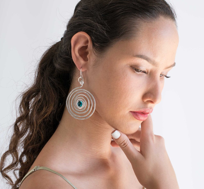 Long Bohemian Earrings Lightweight. Big Round Silver Spiral Dangle Earrings Hammered Dangle Earrings Large Earrings With Turquoise Beads