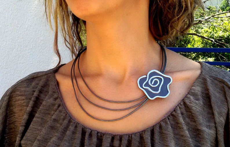 Mom/'s Day Gift Leather Flower Necklace Silver Necklace Stranded Necklace Leather Necklace. Statement Necklace Vintage Necklace