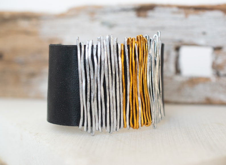 Black Leather Bracelet, Silver and Gold Bangle, Wrap Bracelet, Leather Bangle, Statement Bracelet, Silver Wrap Bracelet, Charm Cuff Bracelet image 4