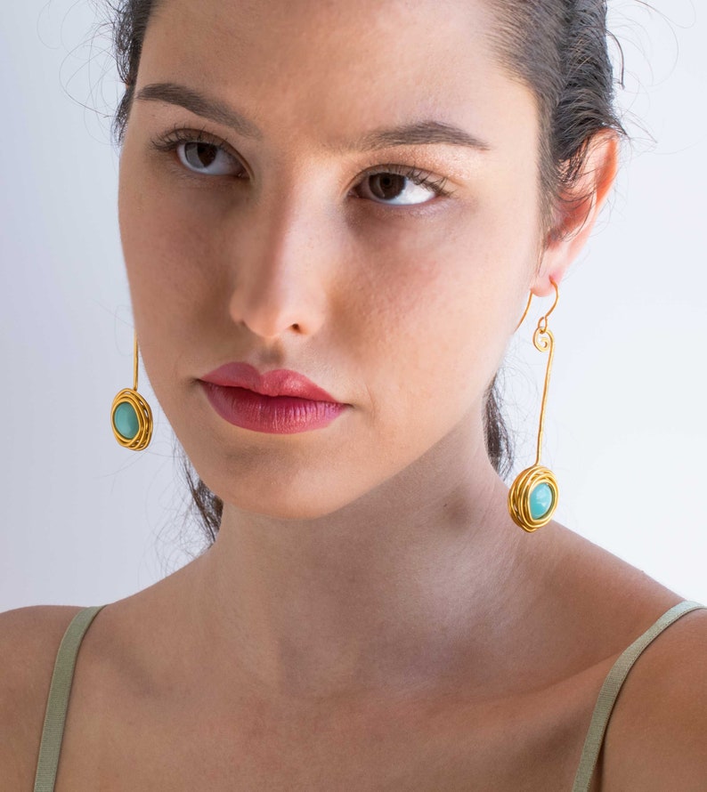 Long Beads Gold Dangle Earrings Large Turquoise Wrapped - Etsy