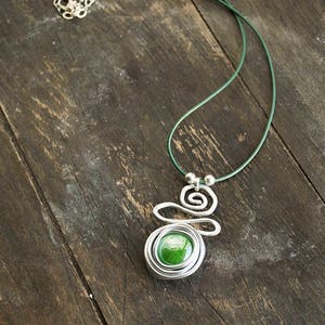 Gift For Her, Green Pendant Necklace, Wrap Silver Pendant, Silver Necklace For Women, Leather Necklace, Charm Necklace. image 5