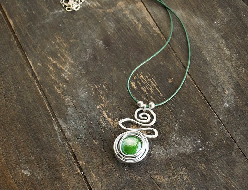 Gift For Her, Green Pendant Necklace, Wrap Silver Pendant, Silver Necklace For Women, Leather Necklace, Charm Necklace. image 5