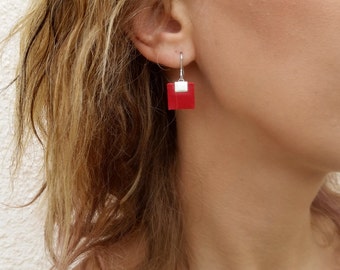 Red earrings, Leather Earrings, Small dangle earrings, Silver earrings, Square earrings, Charm earrings, Hypoallergenic Lightweight earrings