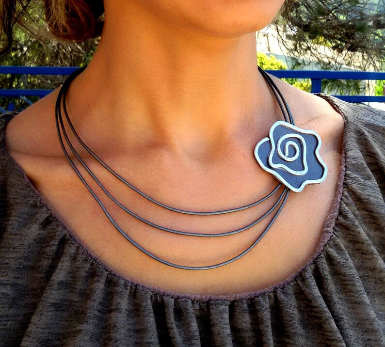 Mom/'s Day Gift Leather Flower Necklace Silver Necklace Stranded Necklace Leather Necklace. Statement Necklace Vintage Necklace