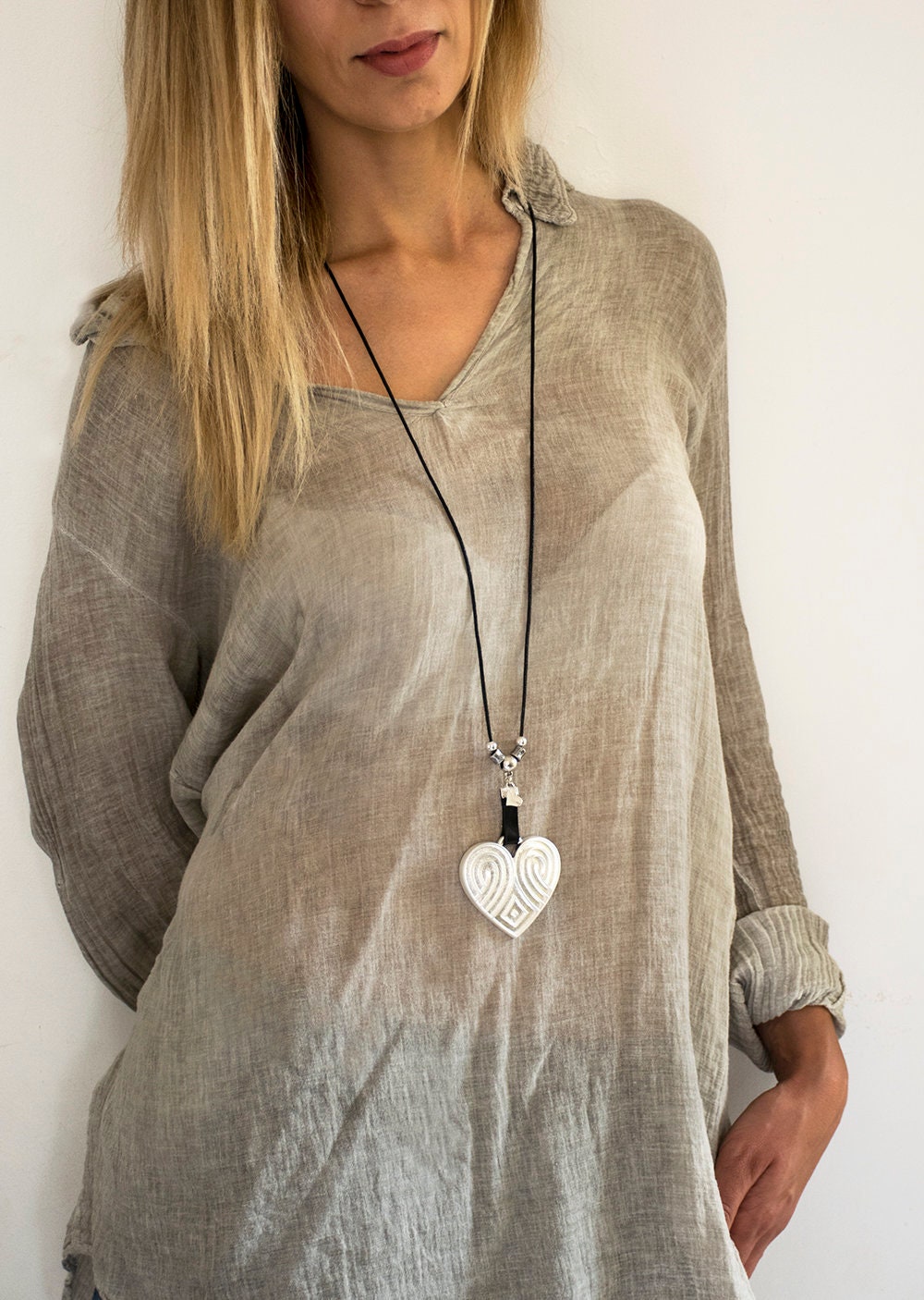 Silver Big Pendant Leather Necklace For Women Hammered Big Pendant Long Statement Necklace Wrap Pendant Necklace Charm necklace.