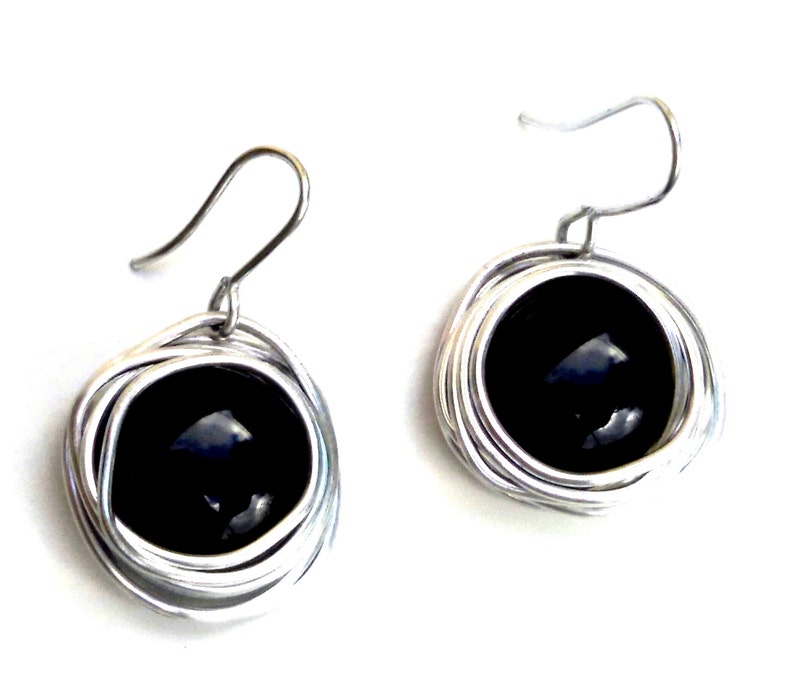 Black Statement Earrings, Dangle Earrings, StoneS Earrings, Silver Earrings, Wrap Earrings, Round Earrings, Lightweight Earrings, Christmas. image 3