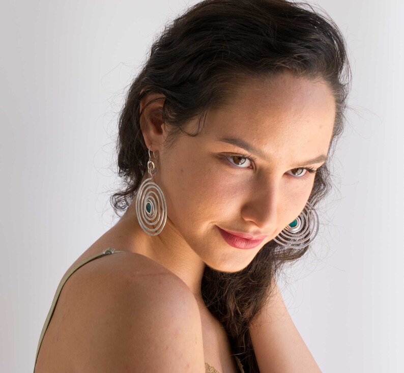 Long Bohemian Earrings Lightweight. Big Round Silver Spiral Dangle Earrings Hammered Dangle Earrings Large Earrings With Turquoise Beads